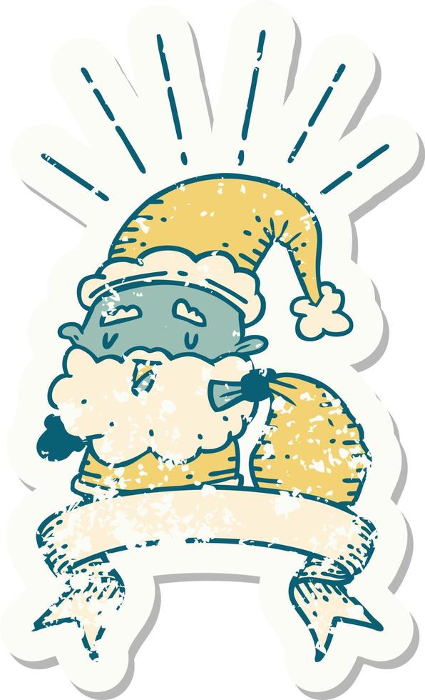 grunge sticker of tattoo style santa claus christmas character with sack vector