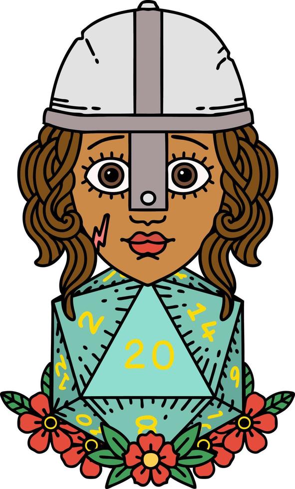human fighter with natural 20 D20 dice roll illustration vector