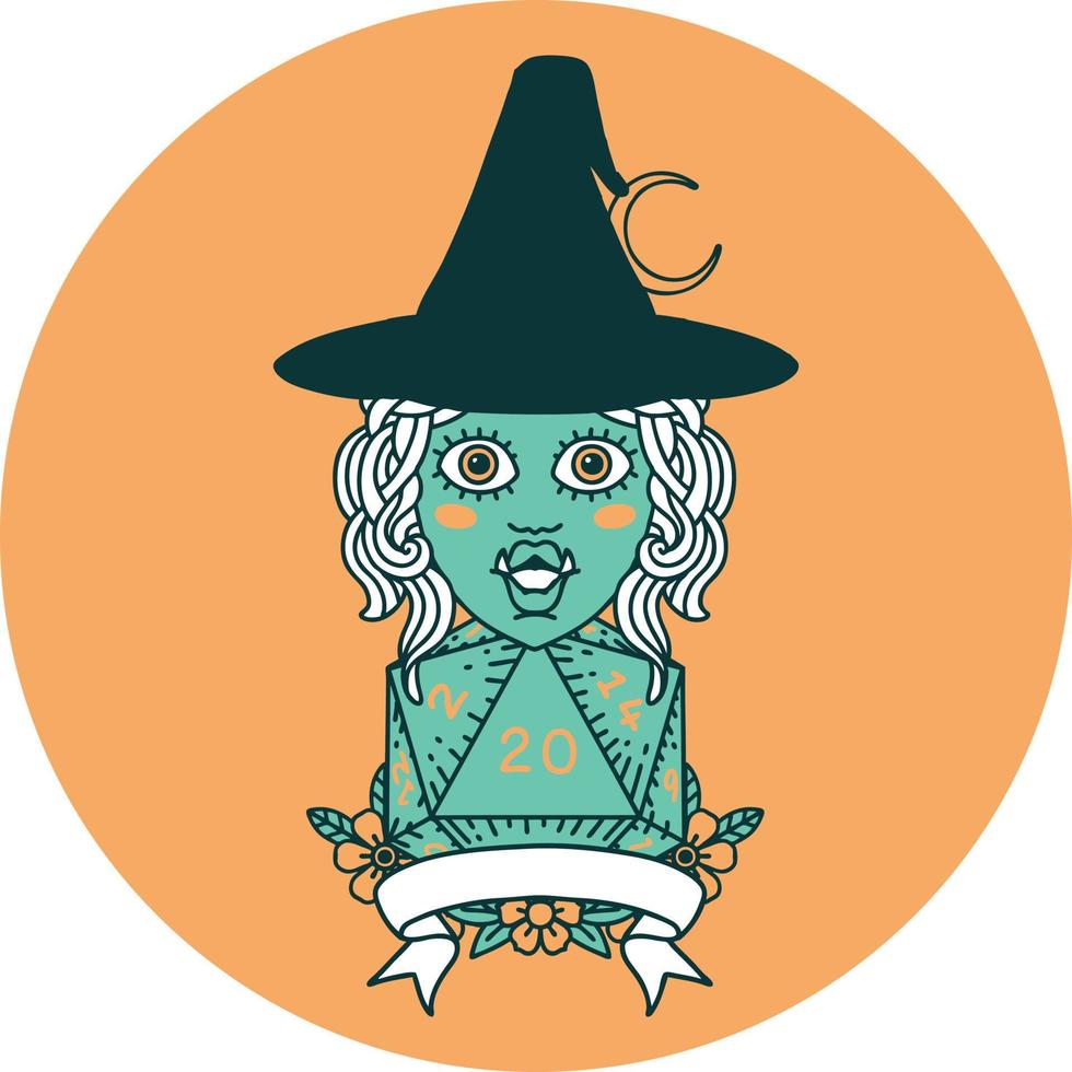 personaje de bruja medio orco con icono de tirada de 20 dados natural vector