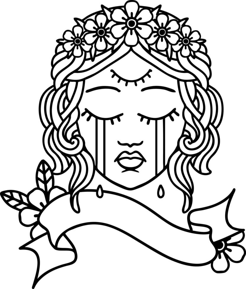 black linework tattoo with banner of female face crying with third eye vector