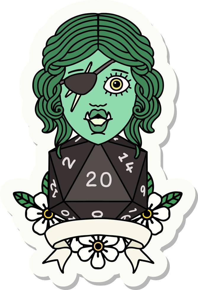 half orc rogue character with natural twenty dice roll sticker vector