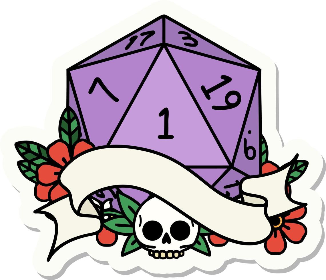 natural one d20 dice roll sticker vector