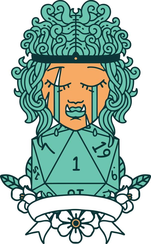 crying orc barbarian character with natural one D20 roll illustration vector