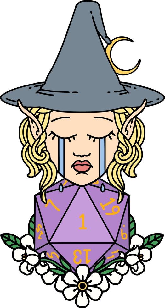 crying elf witch with natural one D20 roll illustration vector