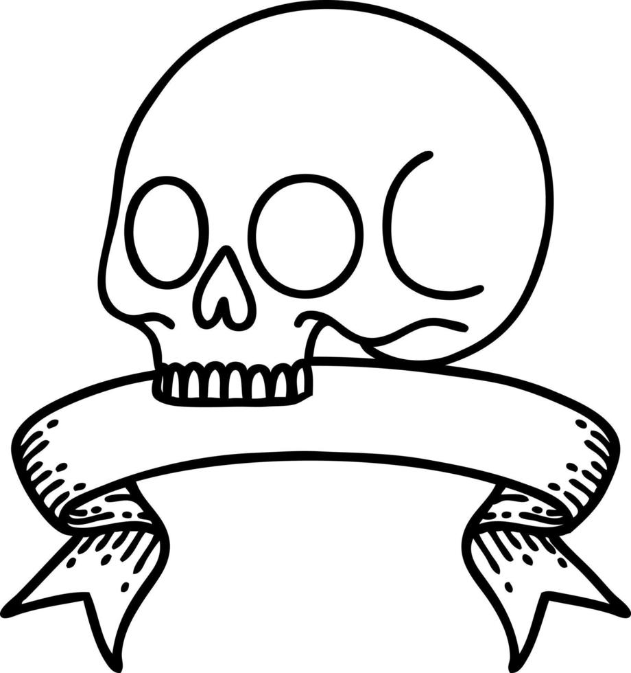 black linework tattoo with banner of a skull vector