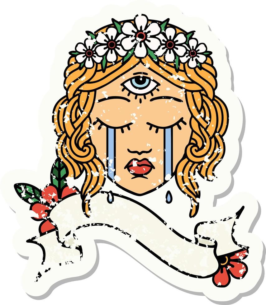 grunge sticker with banner of female face with third eye crying vector