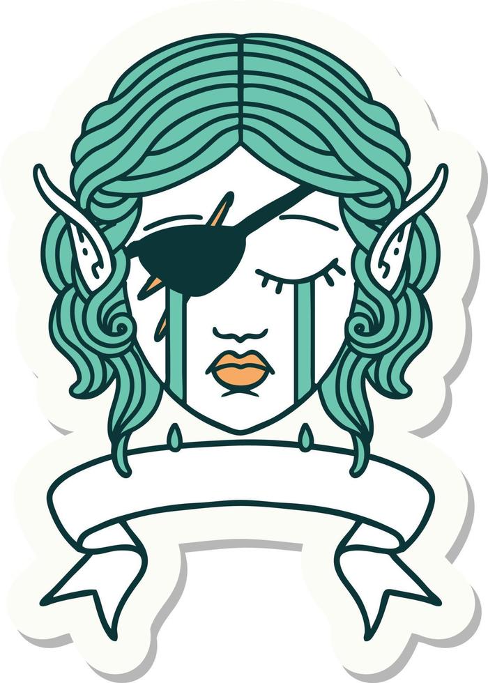 crying elf rogue character face with banner sticker vector