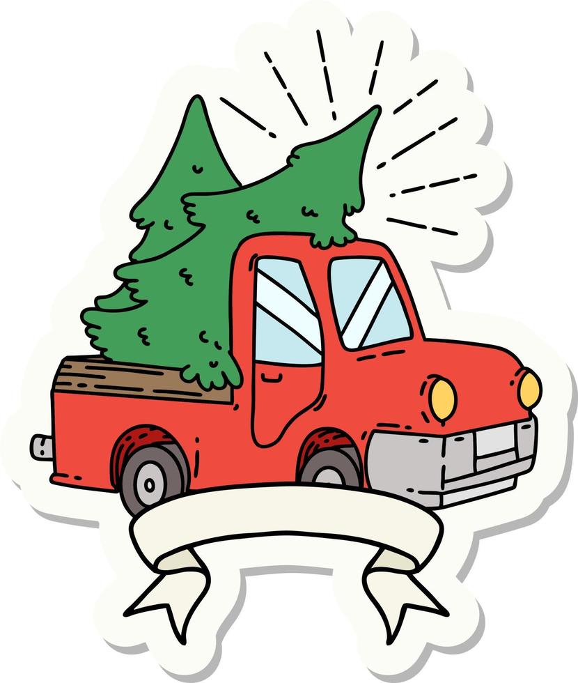 sticker of tattoo style truck carrying trees vector