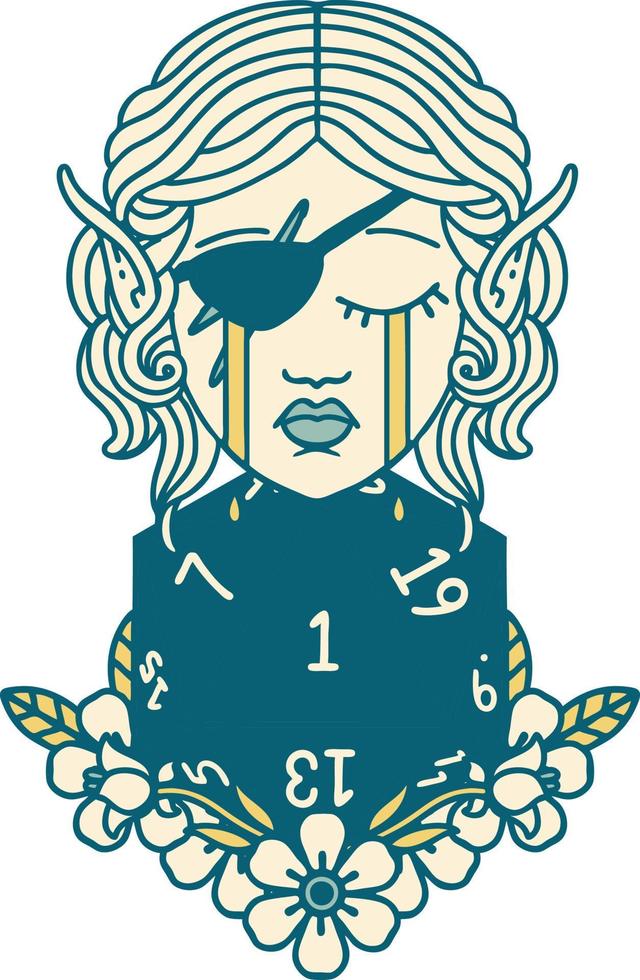 crying elf rogue character face with natural one D20 roll illustration vector