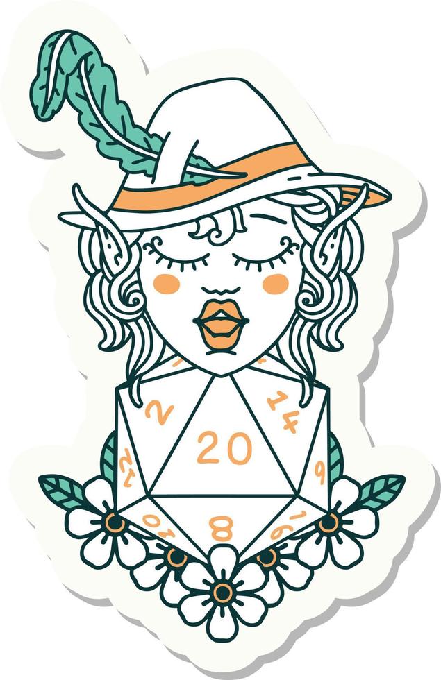 elf bard character with natural twenty dice roll sticker vector
