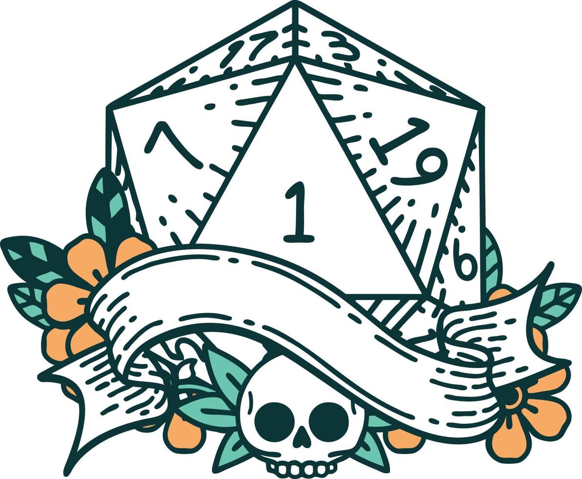 natural one d20 dice roll illustration vector