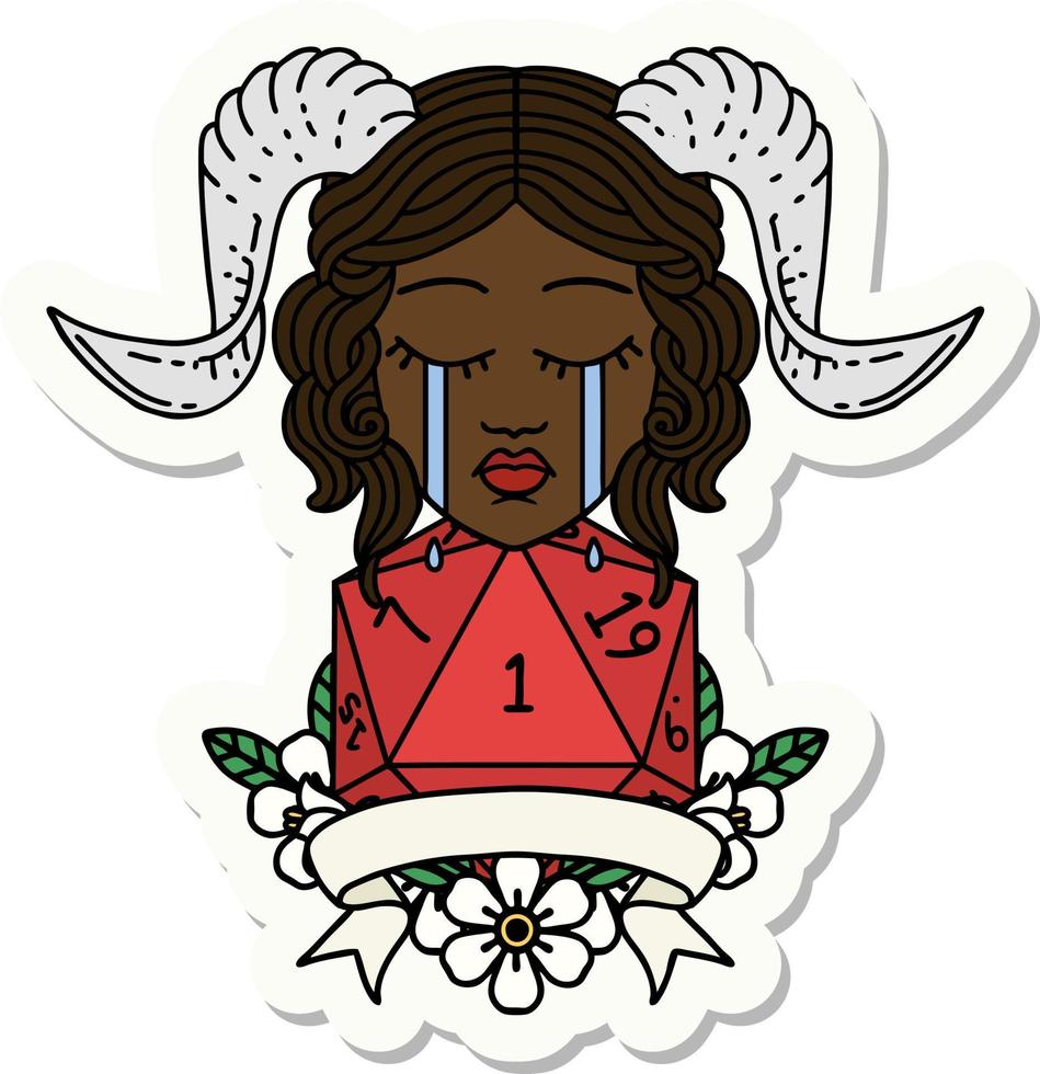 crying tiefling with natural one D20 dice roll sticker vector