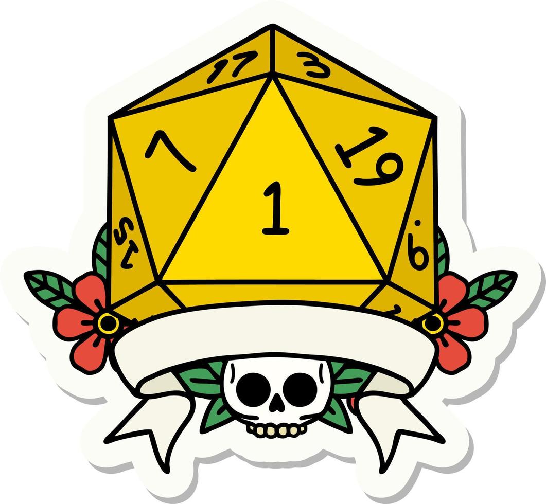 natural one d20 dice roll sticker vector