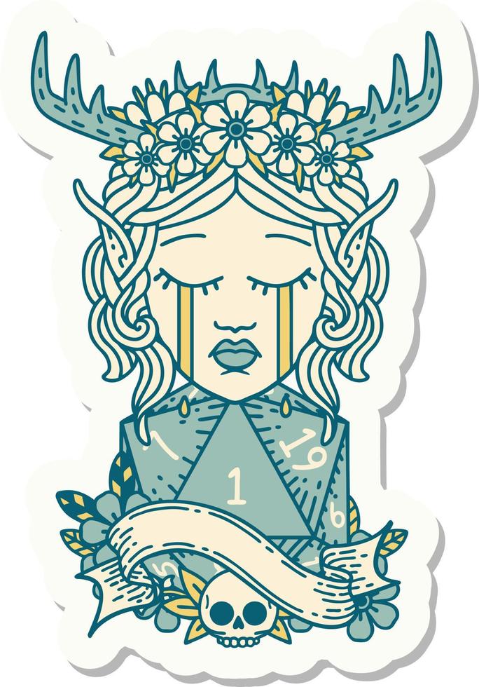crying elf druid character face with natural one D20 dice roll sticker vector