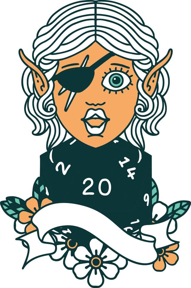 elf rogue character with natural twenty dice roll illustration vector