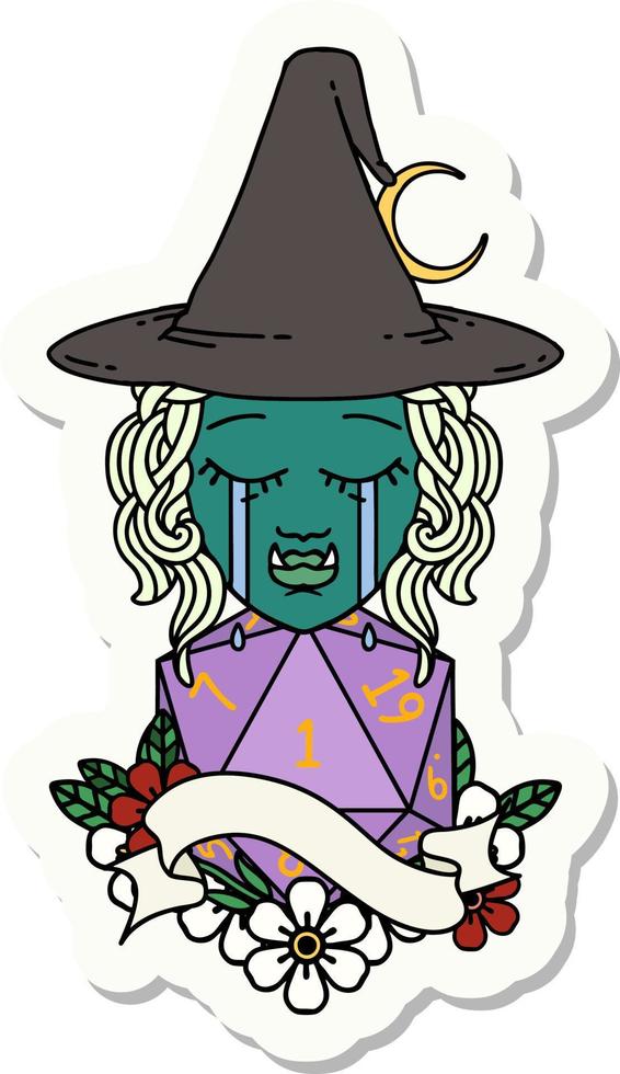 crying orc witch with natural one D20 roll sticker vector