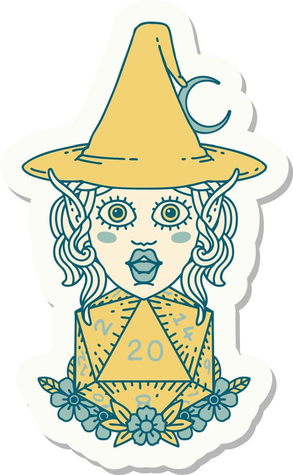 elf mage character with natural twenty dice roll sticker vector