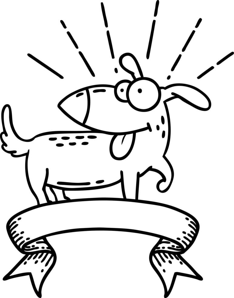 banner with black line work tattoo style happy dog vector