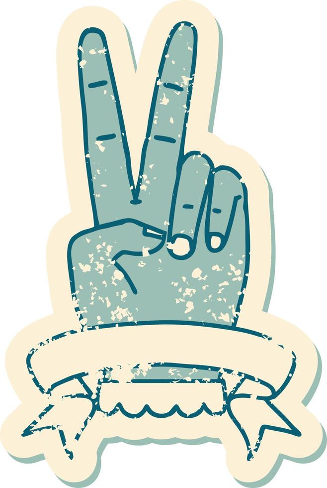 peace two finger hand gesture with banner grunge sticker vector