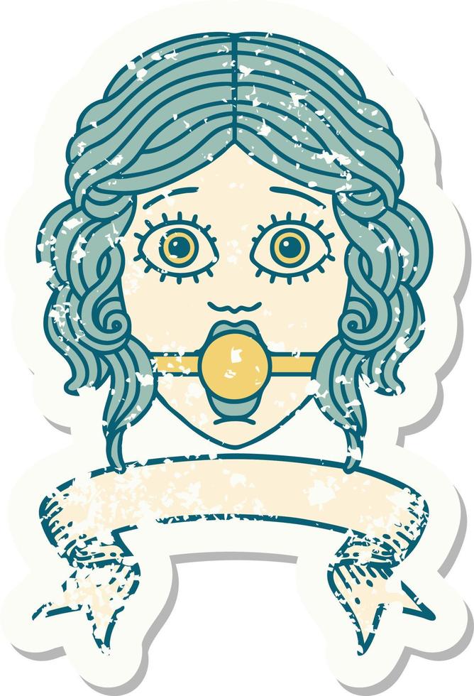 grunge sticker with banner of female face with ball gag vector