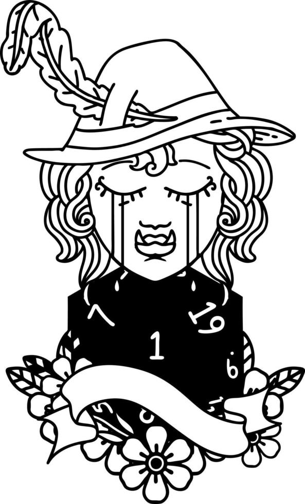 crying orc bard character with natural one D20 roll illustration vector