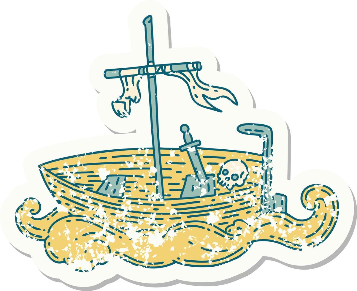 grunge sticker of tattoo style empty boat with skull vector