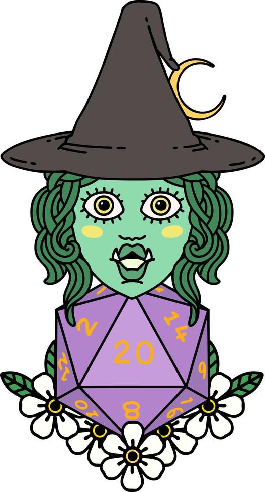 half orc witch with natural twenty dice roll illustration vector