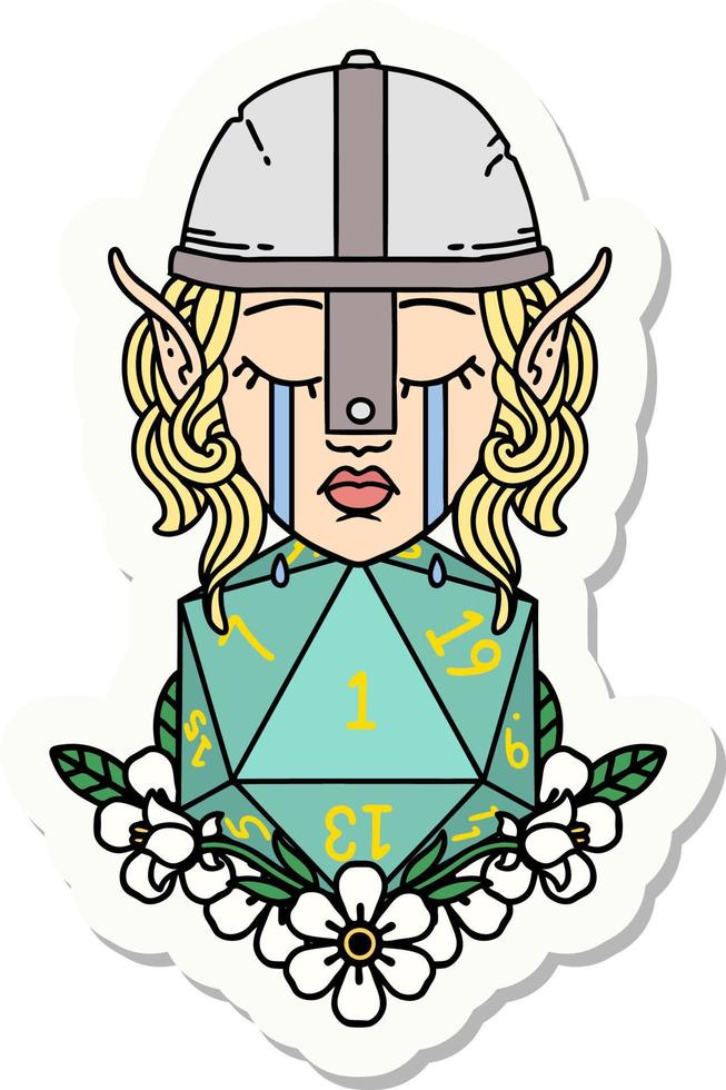 sad elf fighter character with natural one d20 roll sticker vector