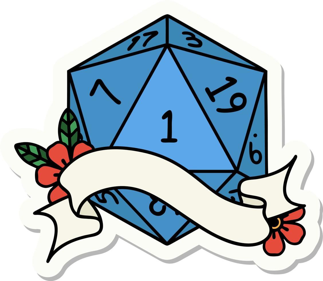 natural one d20 dice roll sticker vector