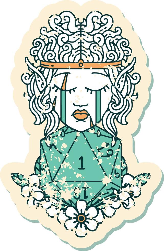 crying elf barbarian character with natural one D20 roll illustration vector