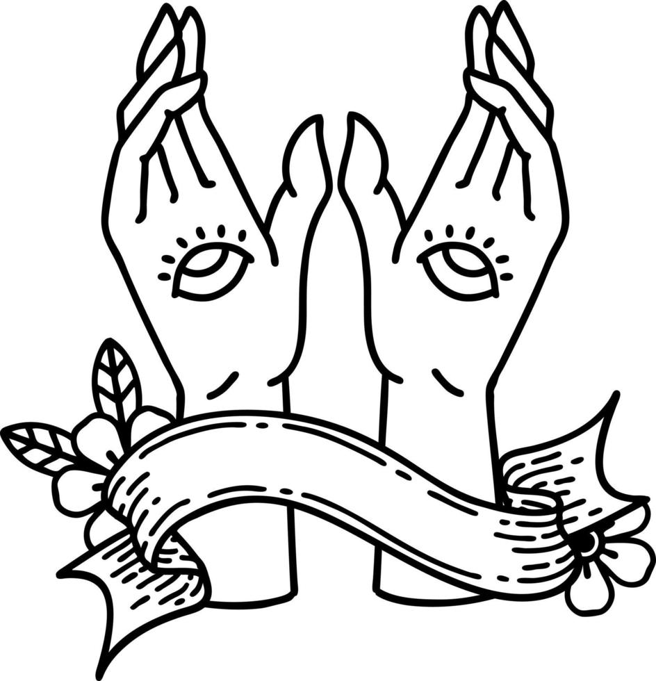 black linework tattoo with banner of mystic hands vector