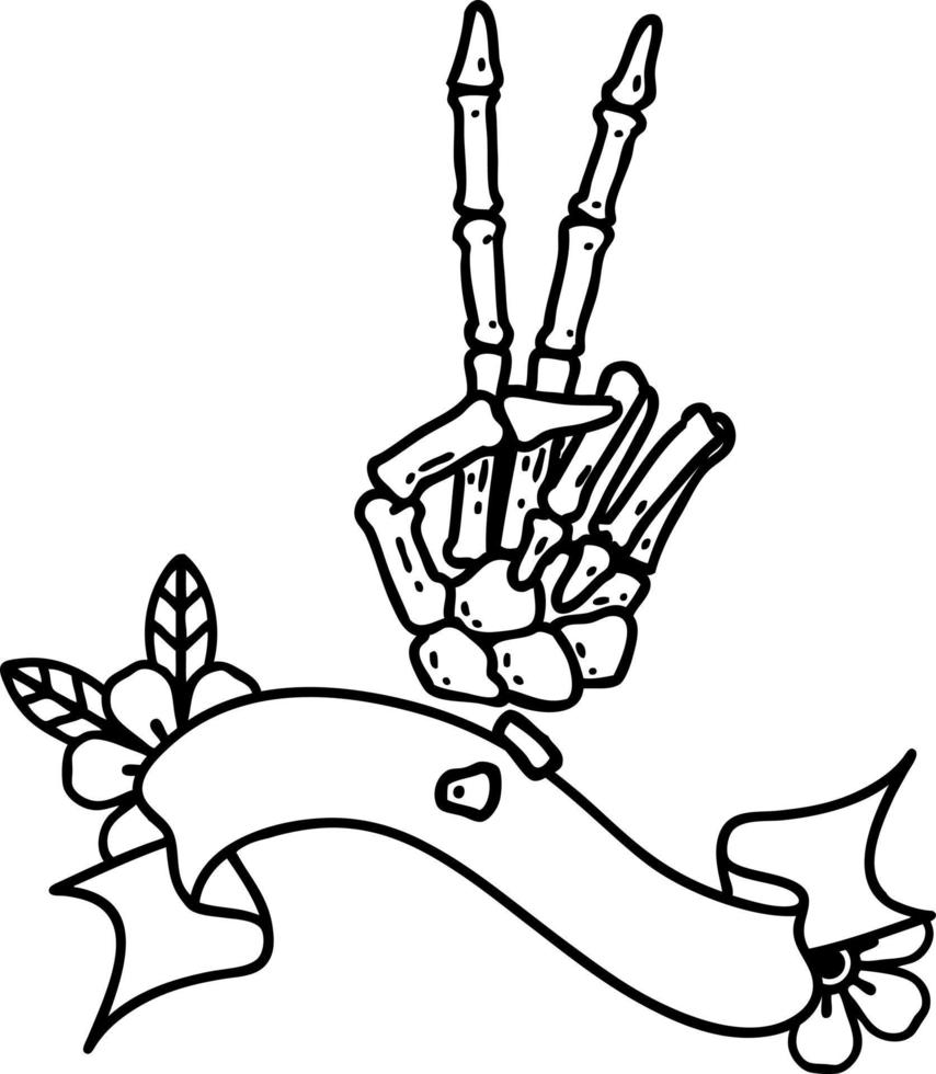 black linework tattoo with banner of a skeleton hand giving a peace sign vector