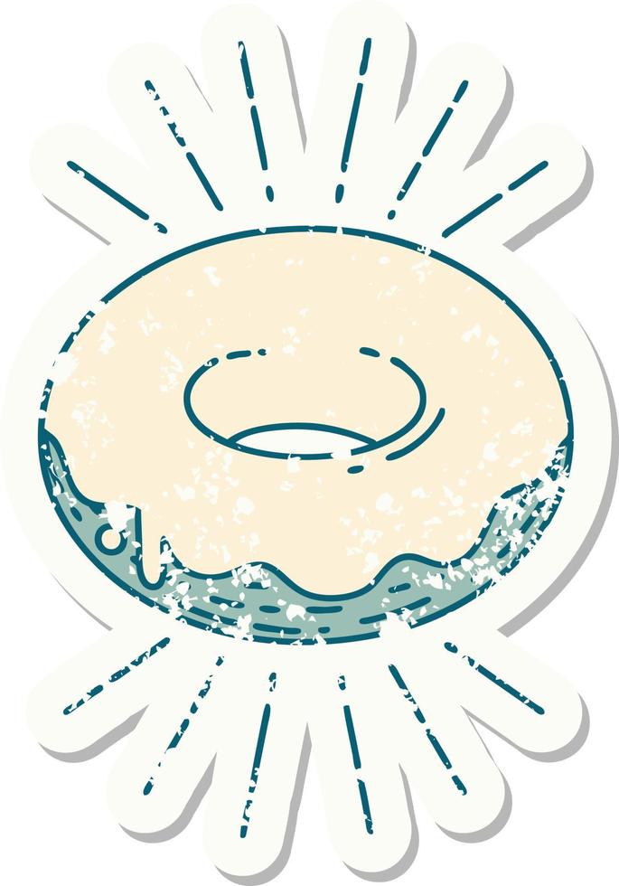 grunge sticker of tattoo style iced donut vector