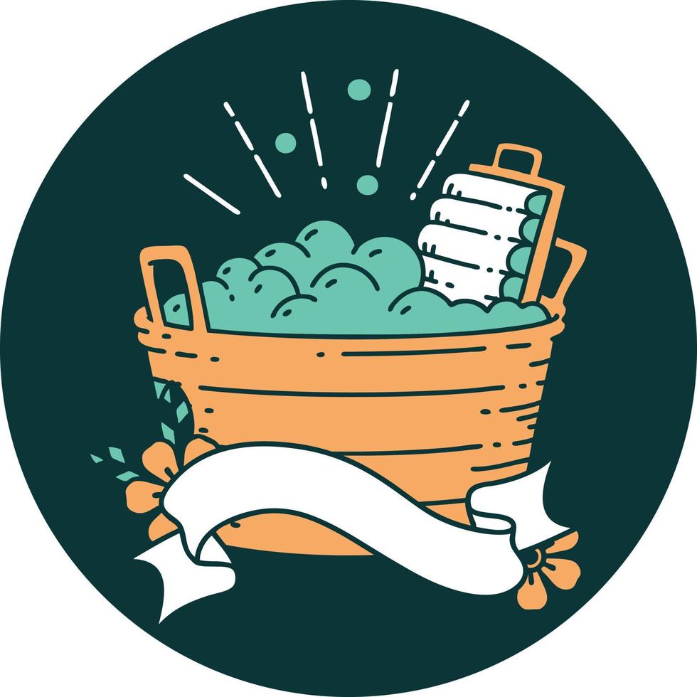 icon of tattoo style old washboard and scrubbing bowl vector