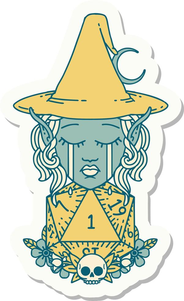 crying elf witch with natural one D20 roll sticker vector