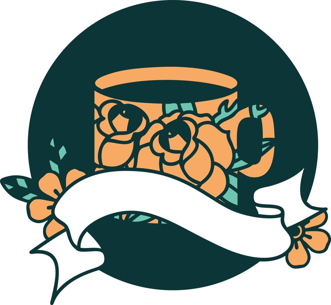 icon with banner of a cup and flowers vector