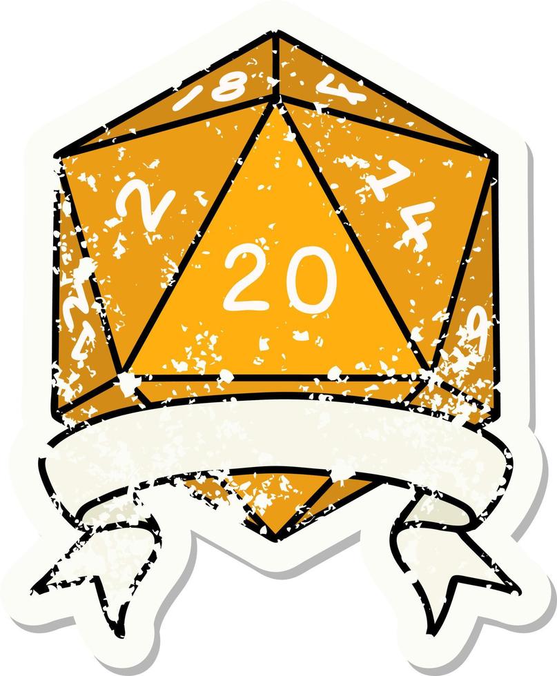 natural 20 golpe crítico d20 rollo de dados pegatina grunge vector