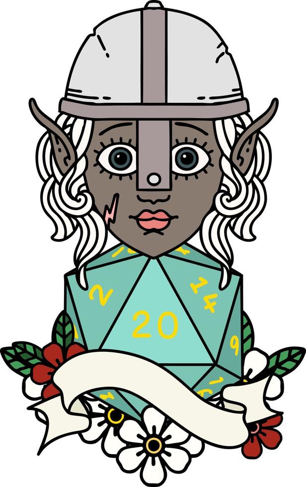 elf fighter with natural twenty dice roll illustration vector