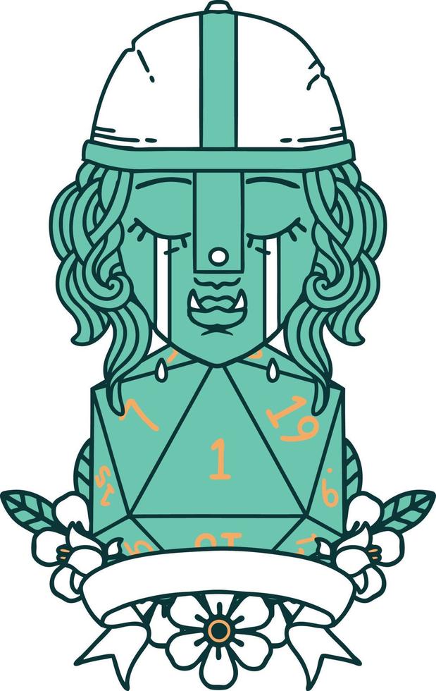 crying orc fighter character with natural one D20 roll illustration vector