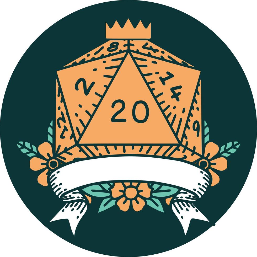 natural 20 critical hit D20 dice roll icon vector