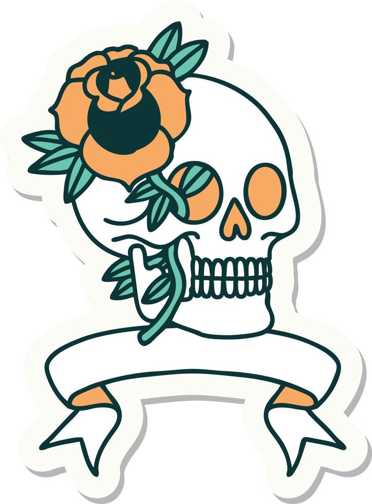 pegatina de tatuaje con pancarta de calavera y rosa vector