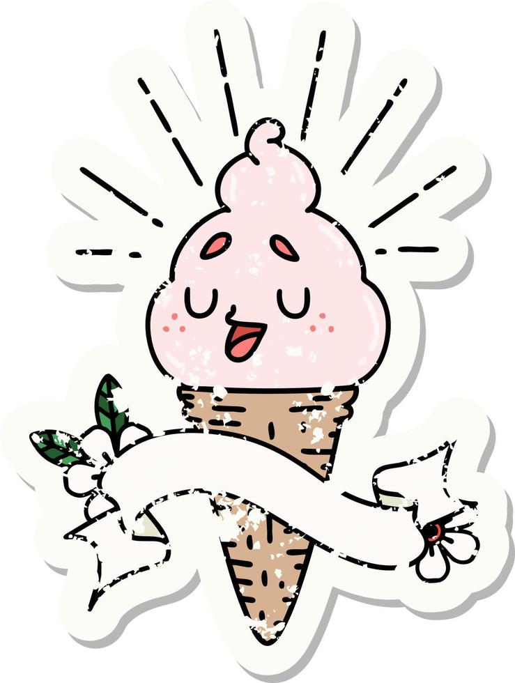 grunge sticker of tattoo style ice cream character vector