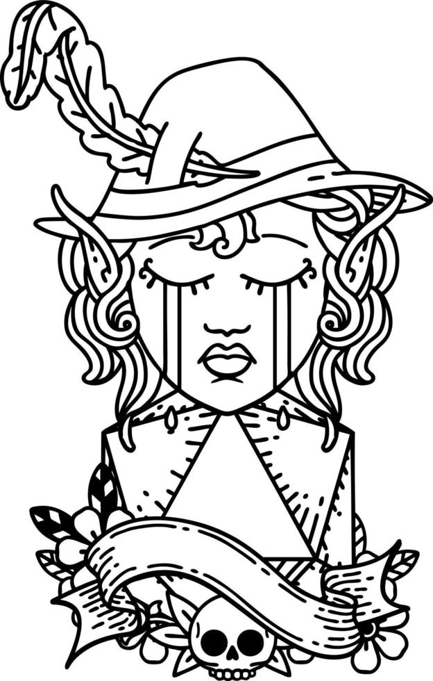 crying elf bard character face with natural one d20 dice roll illustration vector