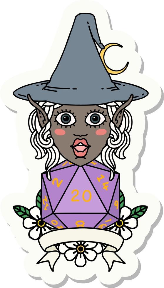 elf mage character with natural twenty dice roll sticker vector