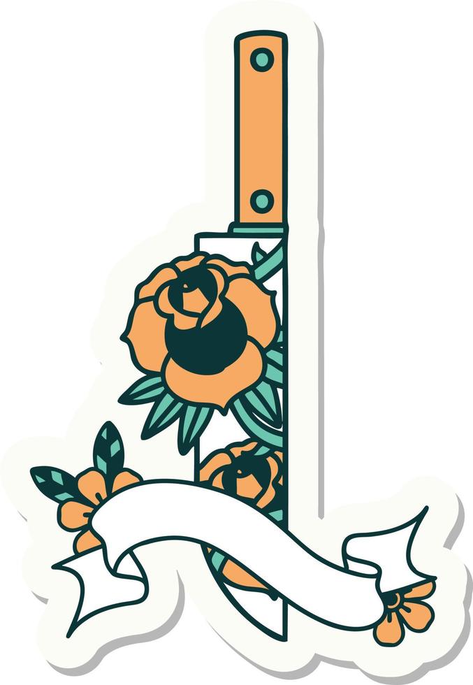 tattoo sticker with banner of a dagger and flowers vector