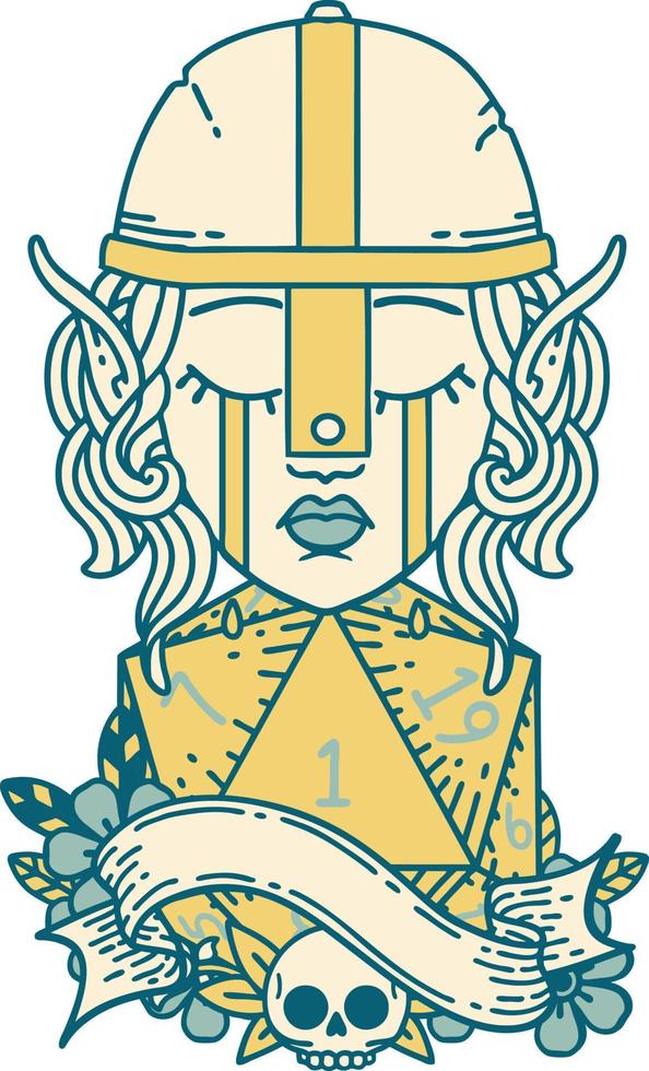 crying elf fighter character face with natural one D20 roll illustration vector