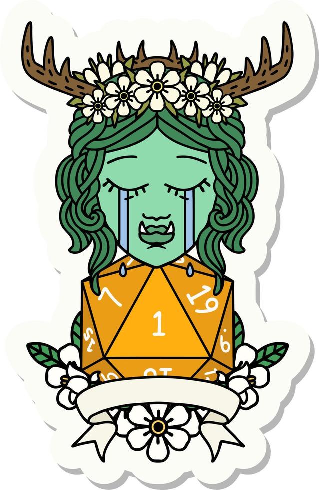 crying orc druid character with natural one roll sticker vector