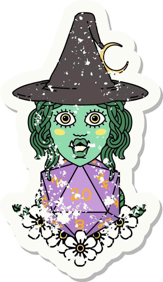 half orc witch with natural twenty dice roll grunge sticker vector