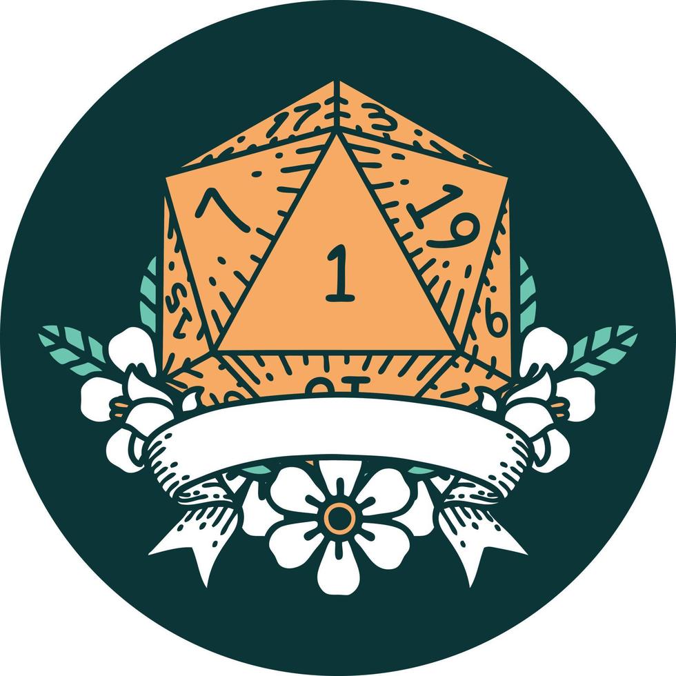 natural one d20 dice roll icon vector