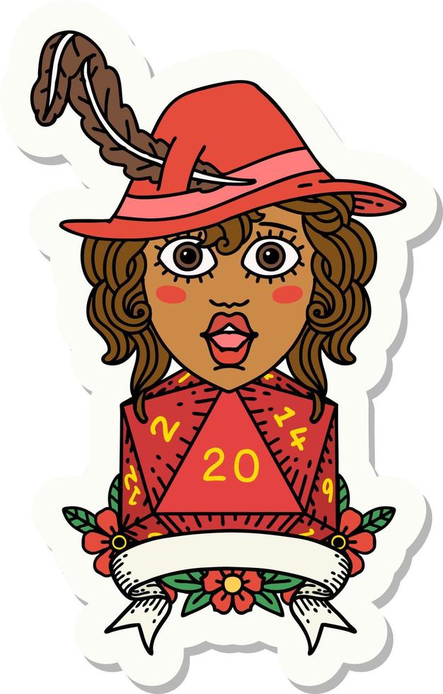 human bard character with natural 20 dice roll sticker vector